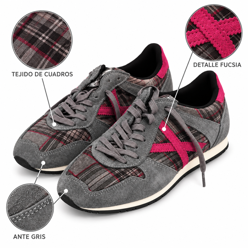Zapatillas Munich grises de cuadros con detalle fucsia - características
