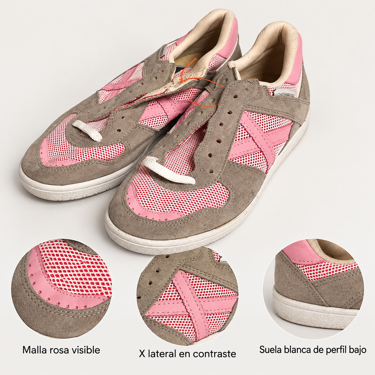 Detalles visibles de las zapatillas Munich gris topo y rosa