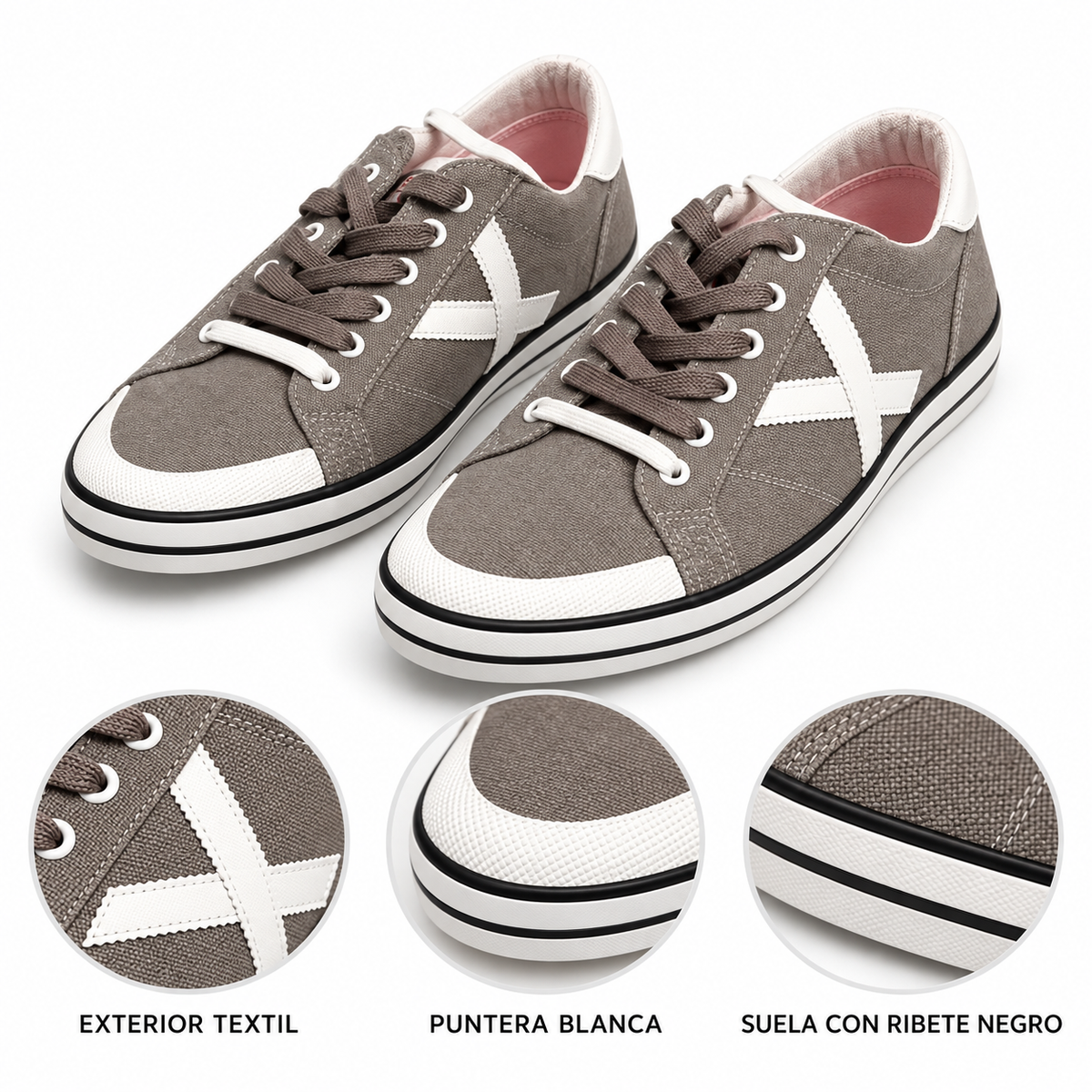 Zapatillas Munich gris textil con detalles blancos - características