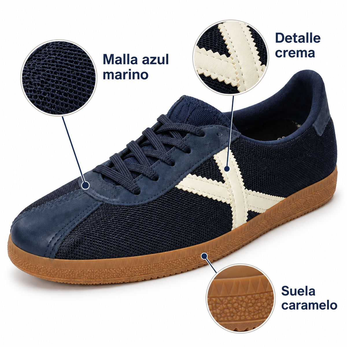 Características de las zapatillas Munich de malla azul marino con suela caramelo