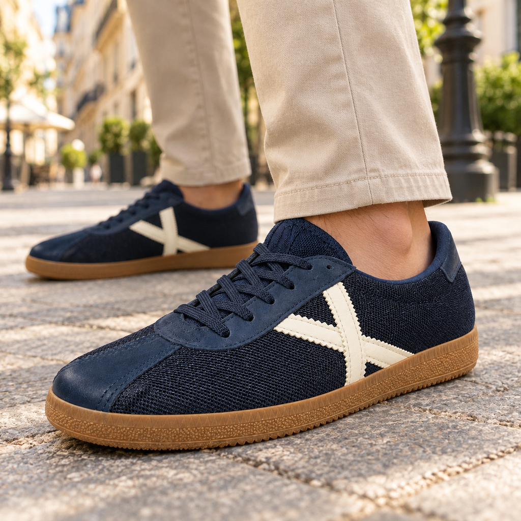 Zapatillas Munich azul marino y crema con suela caramelo en una escena urbana