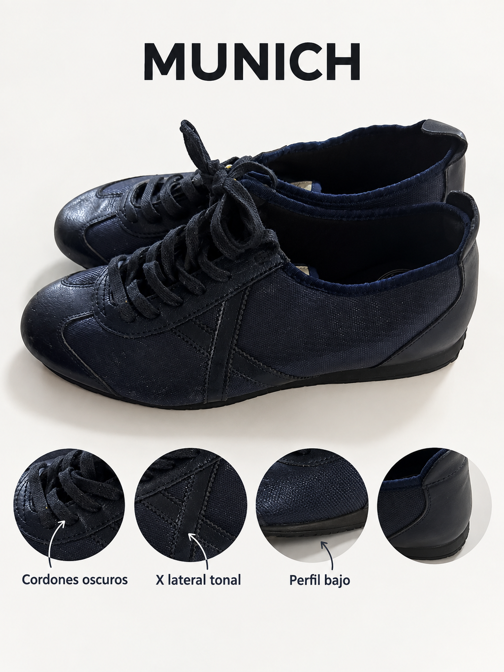 Zapatillas Munich azul marino oscuro con X tonal — detalles