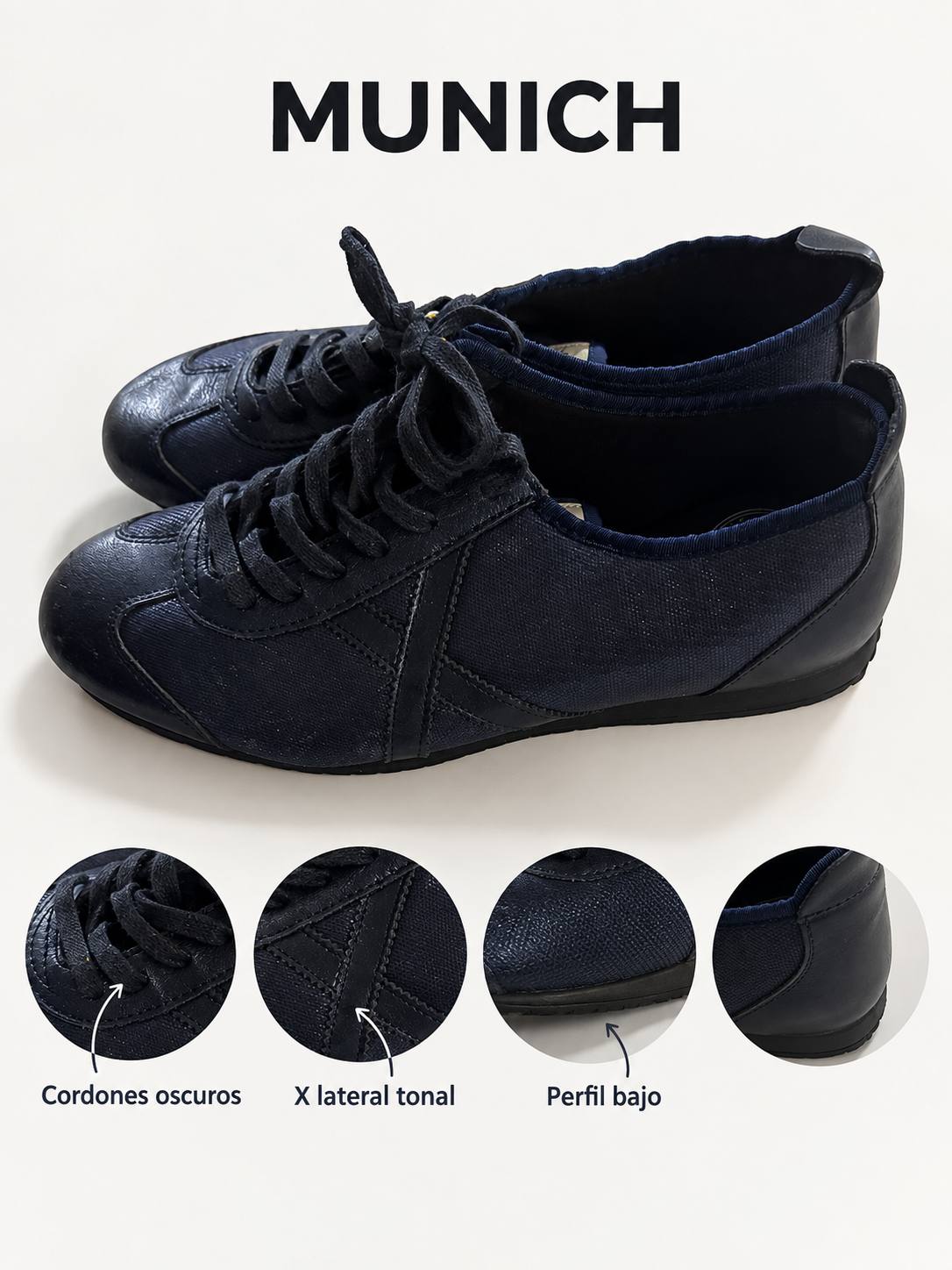 Zapatillas Munich azul marino oscuro con X tonal — detalles
