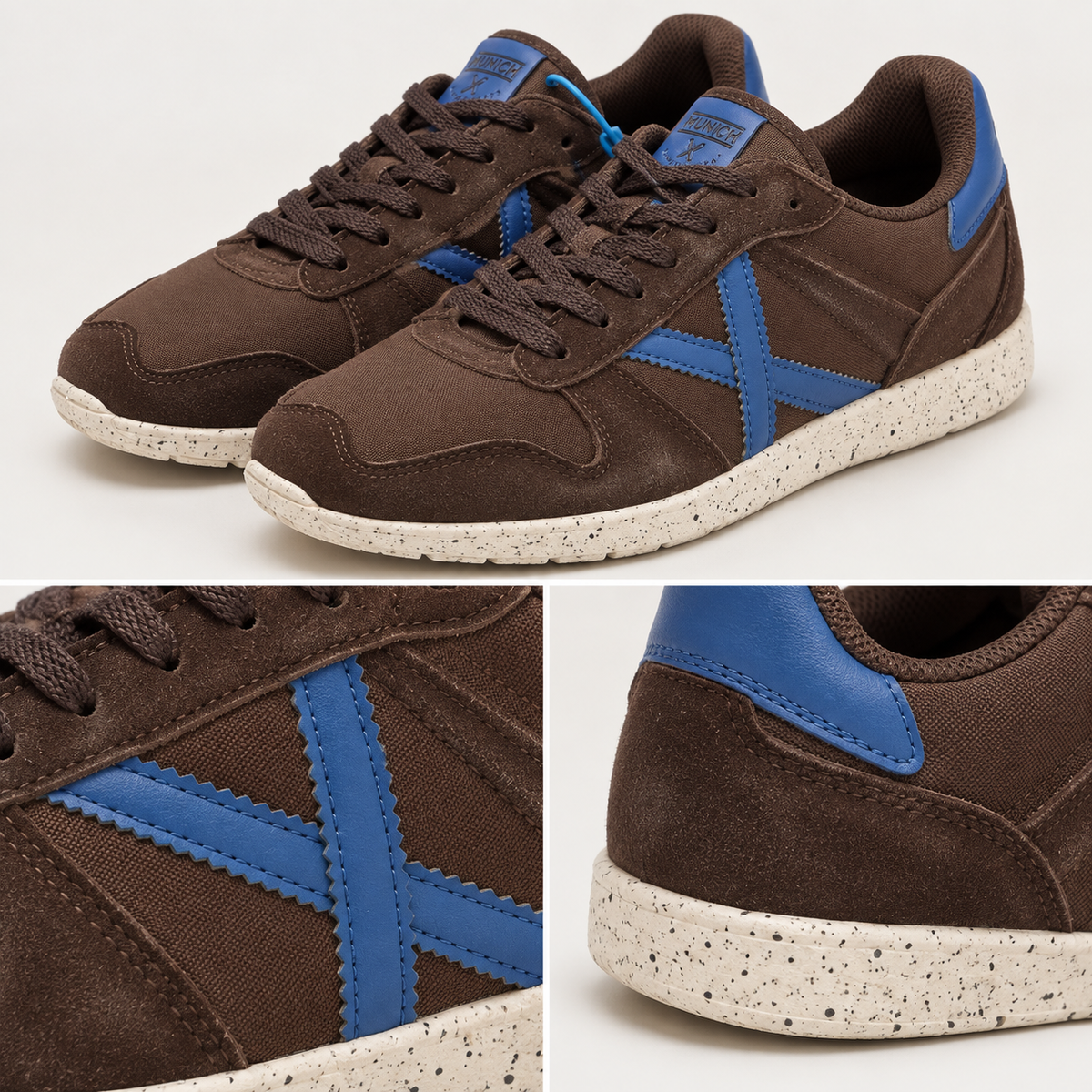 Zapatillas Munich Marrón Chocolate con X Azul Unisex - detalle de características