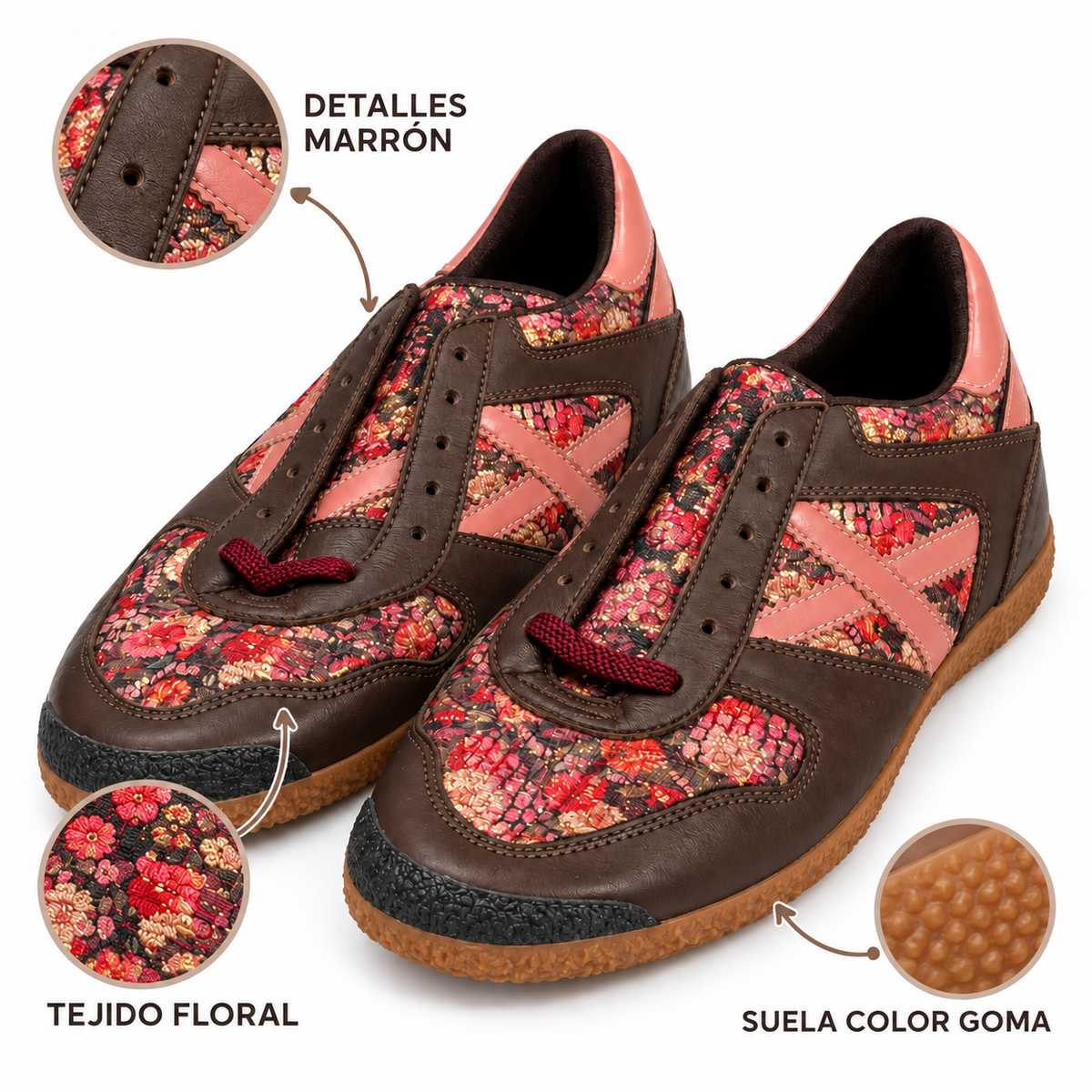 Zapatillas Munich marrón con estampado floral y detalle rosa - características