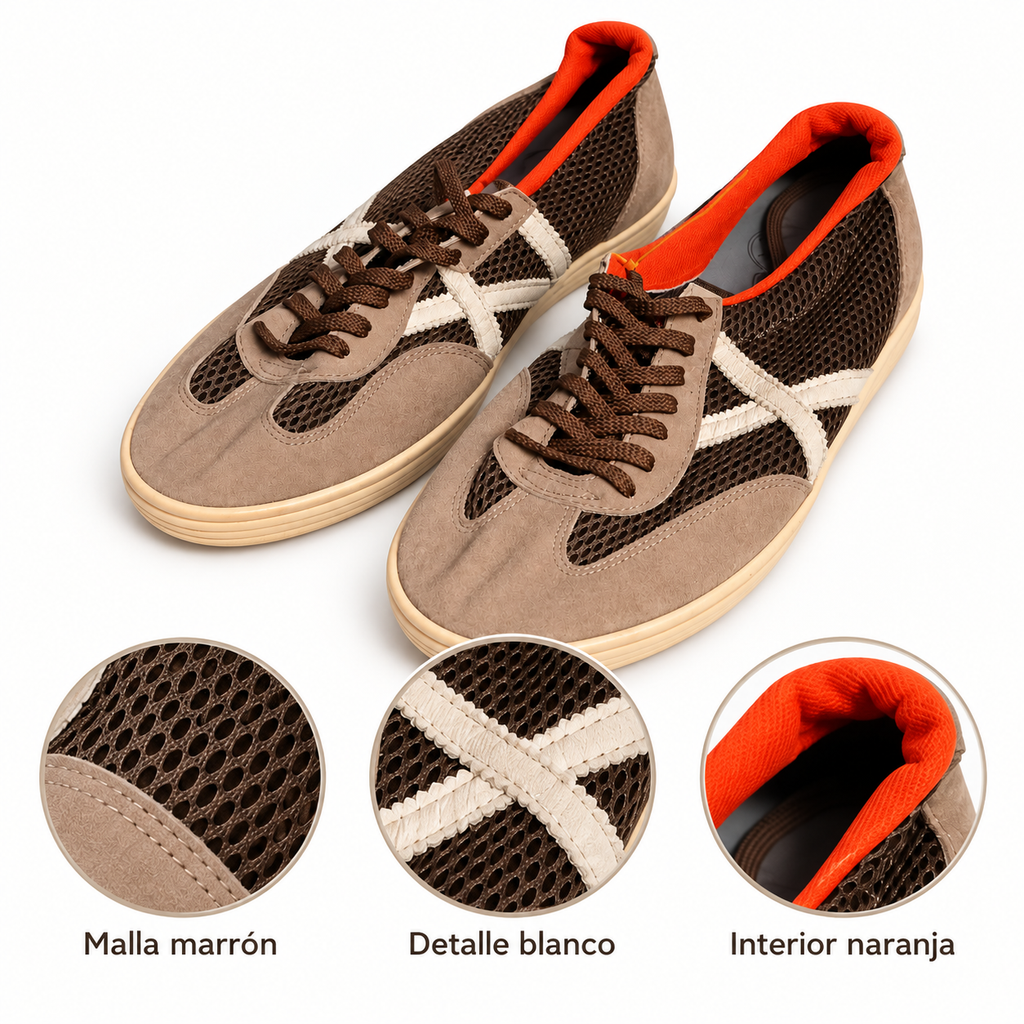 Zapatillas Munich marrón de malla con interior naranja, imagen de características