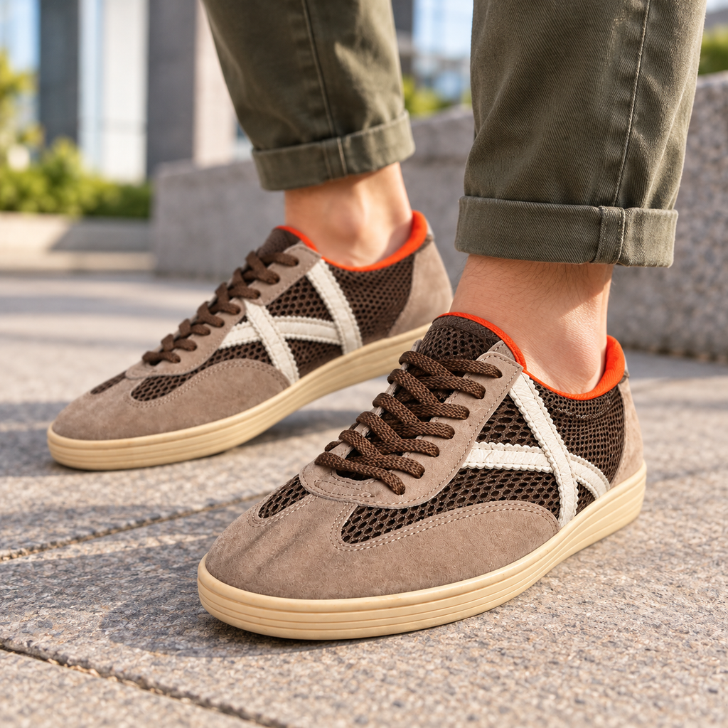 Zapatillas Munich marrón de malla con interior naranja, imagen lifestyle