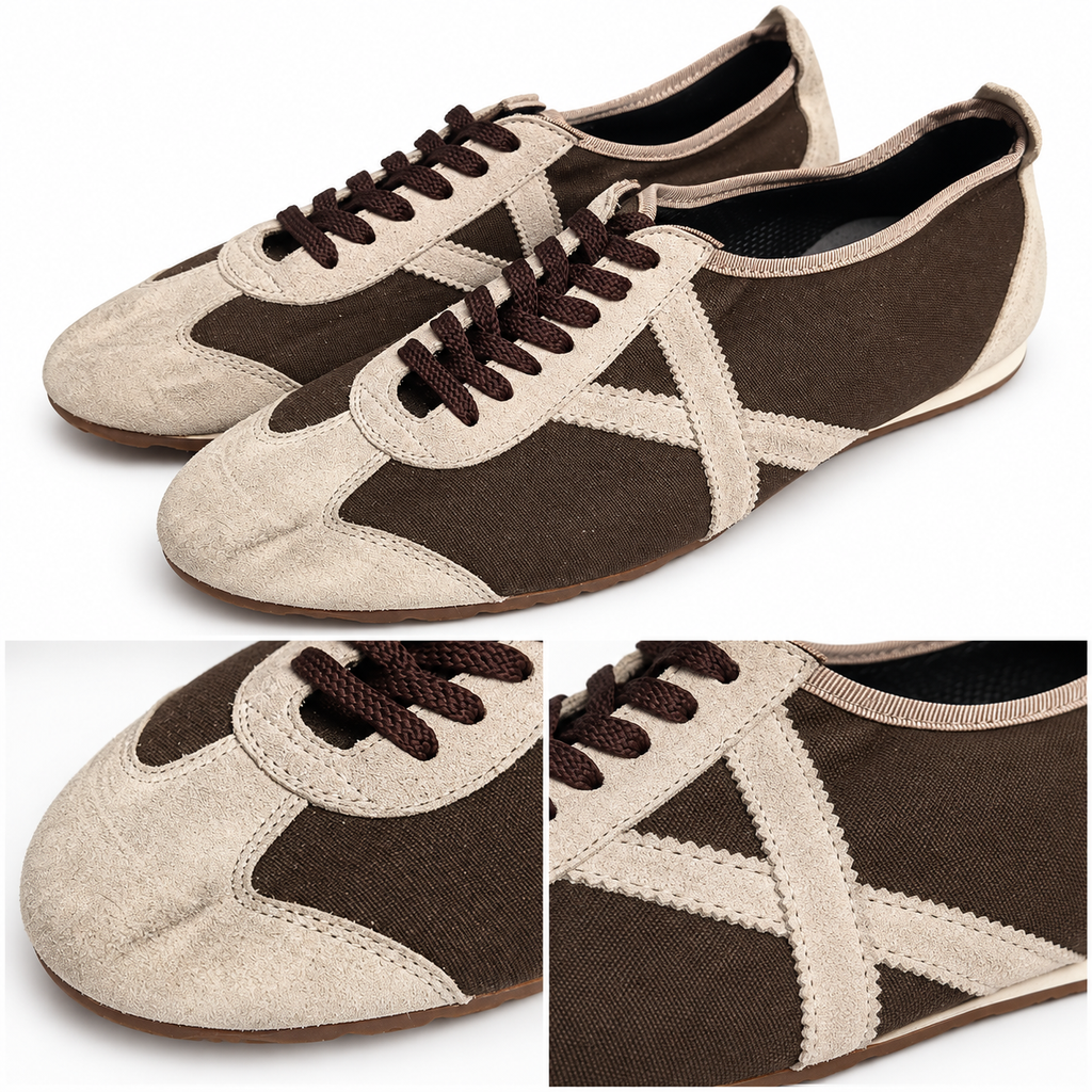 Detalles de zapatillas Munich marrón textil con refuerzos beige