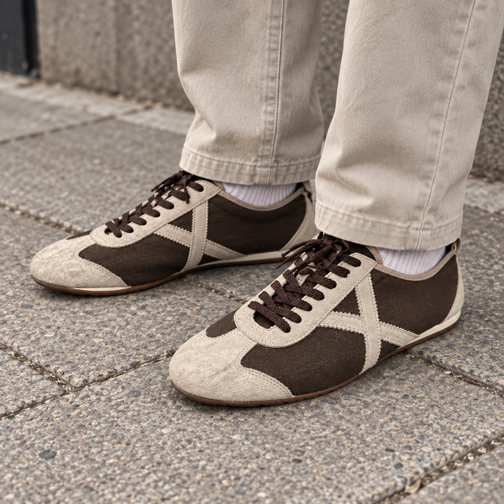 Zapatillas Munich marrón y beige en un look urbano
