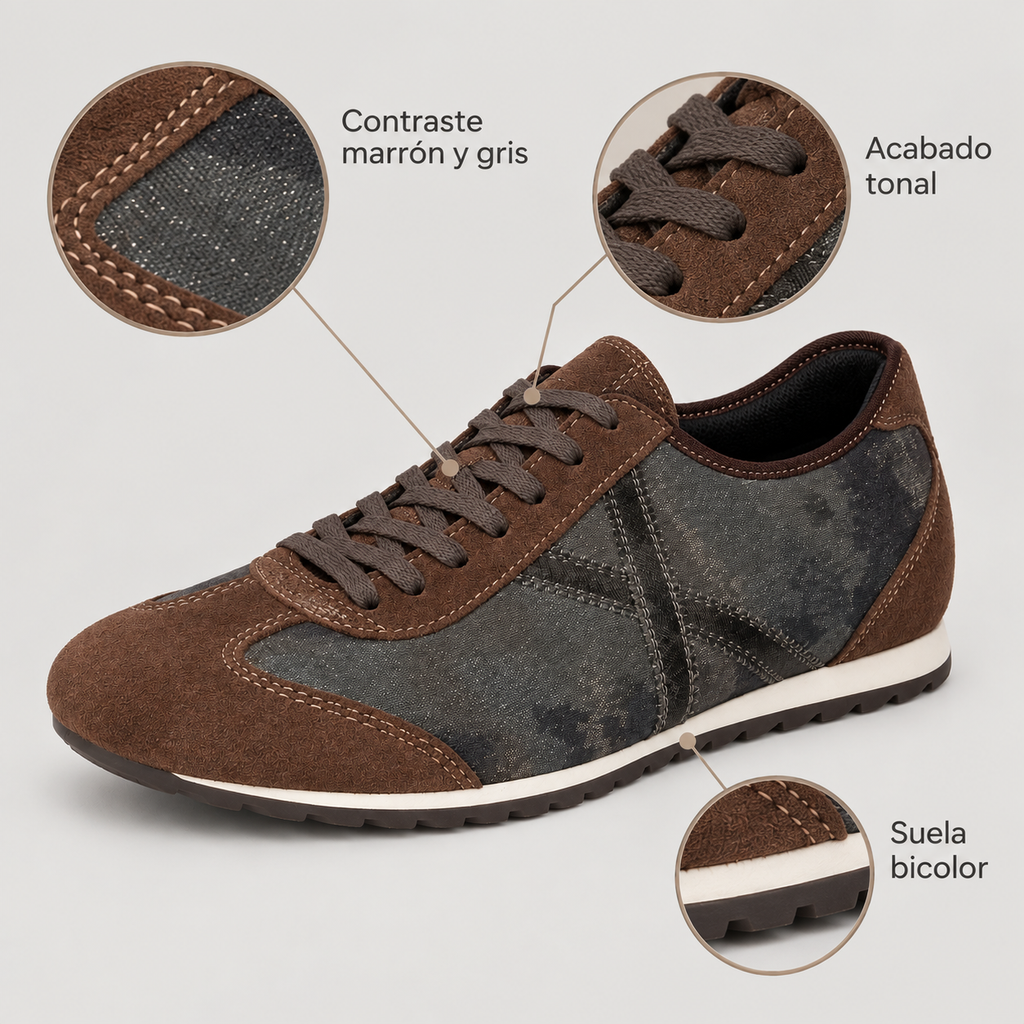 Detalles de las zapatillas Munich marrones y grises de acabado tonal