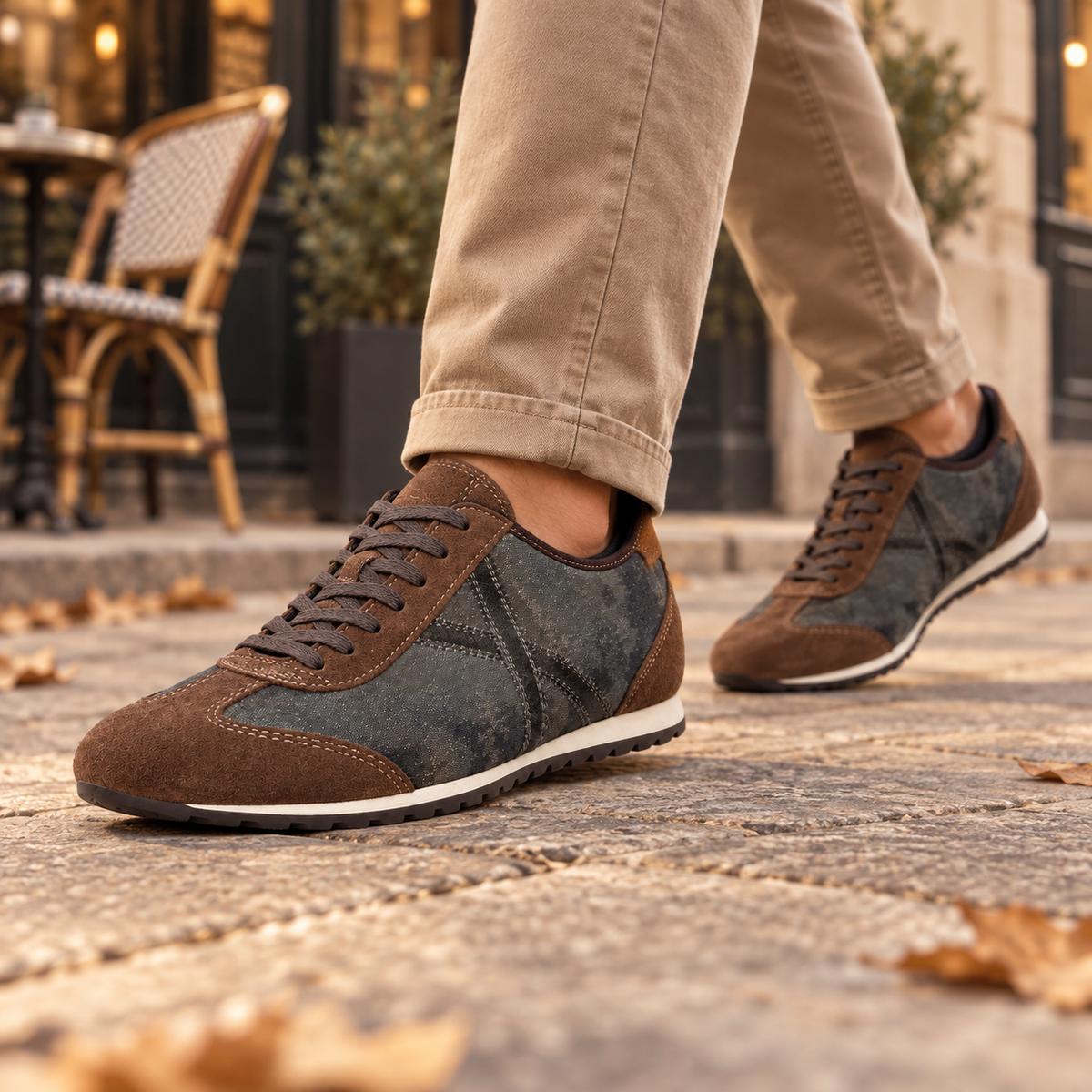 Zapatillas Munich marrones y grises en ambiente urbano