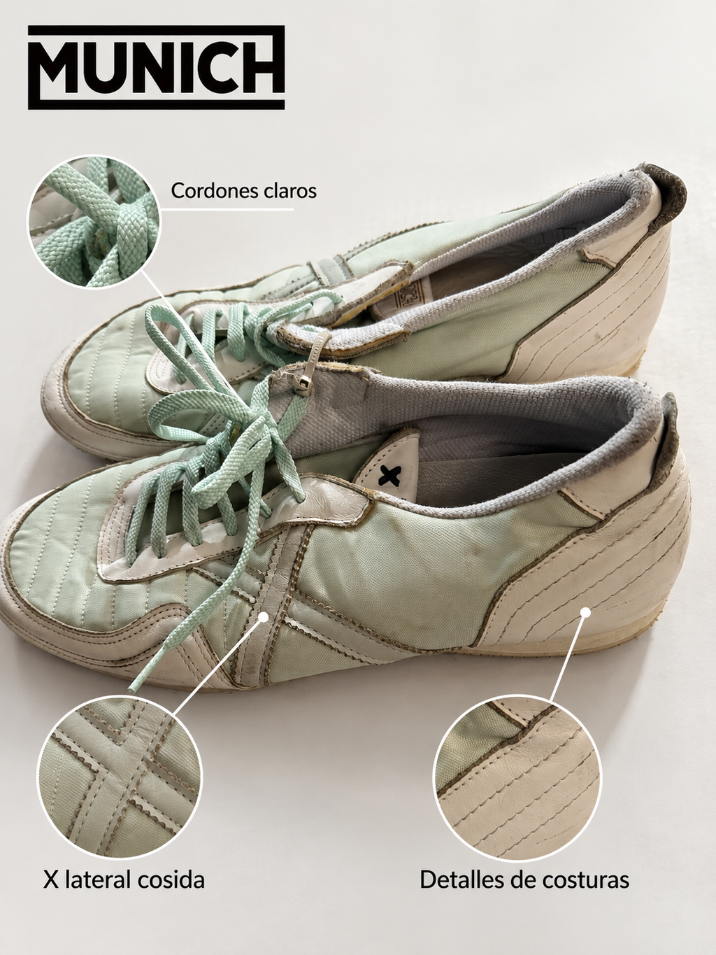 Munich verde menta claro y blanco roto con costuras — detalles visibles