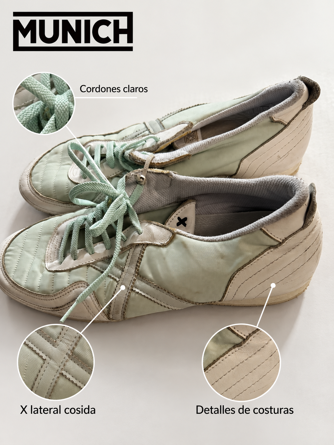 Munich verde menta claro y blanco roto con costuras — detalles visibles