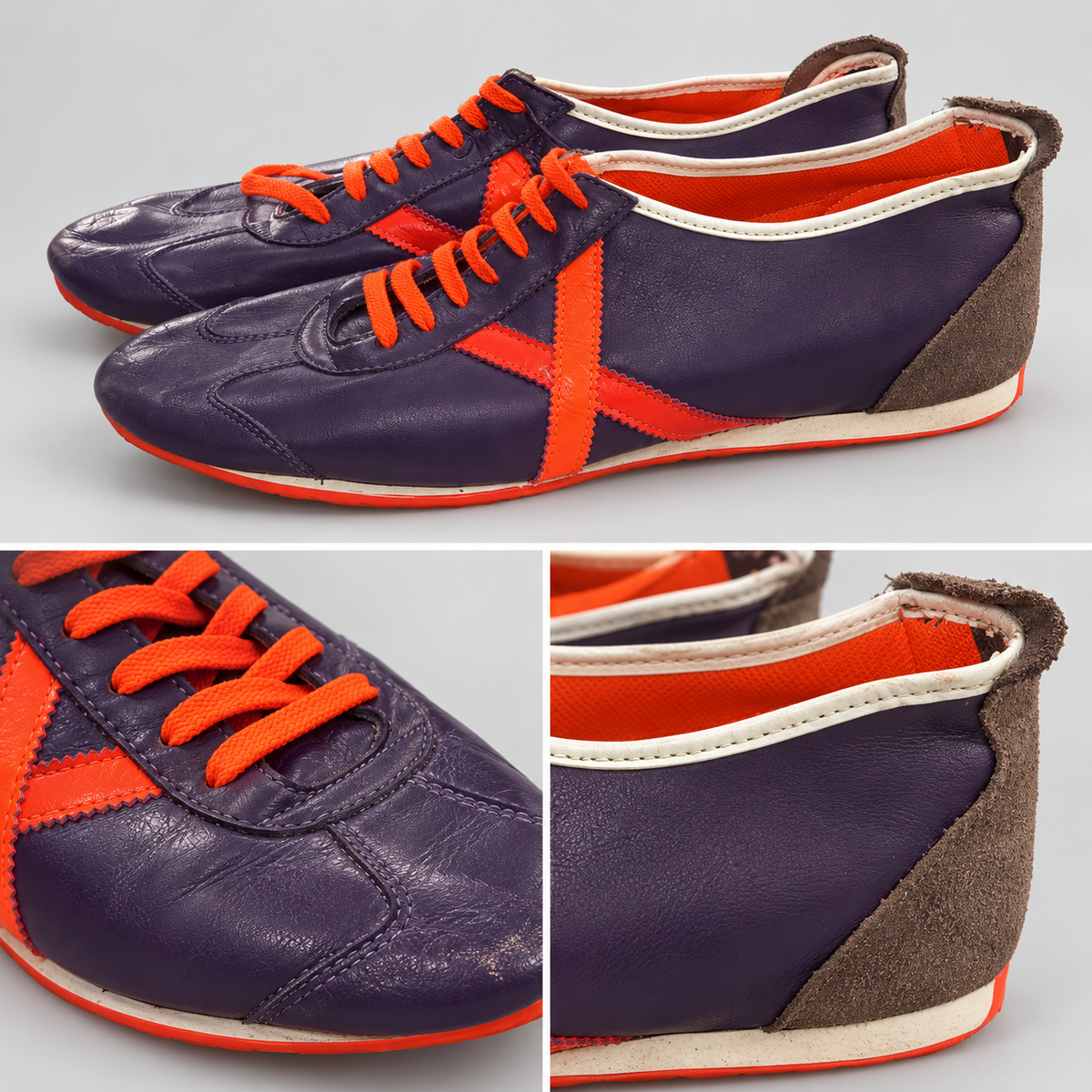 Zapatillas Munich moradas con X naranja y ribete crema · Talla 45 - detalle de diseño y estado
