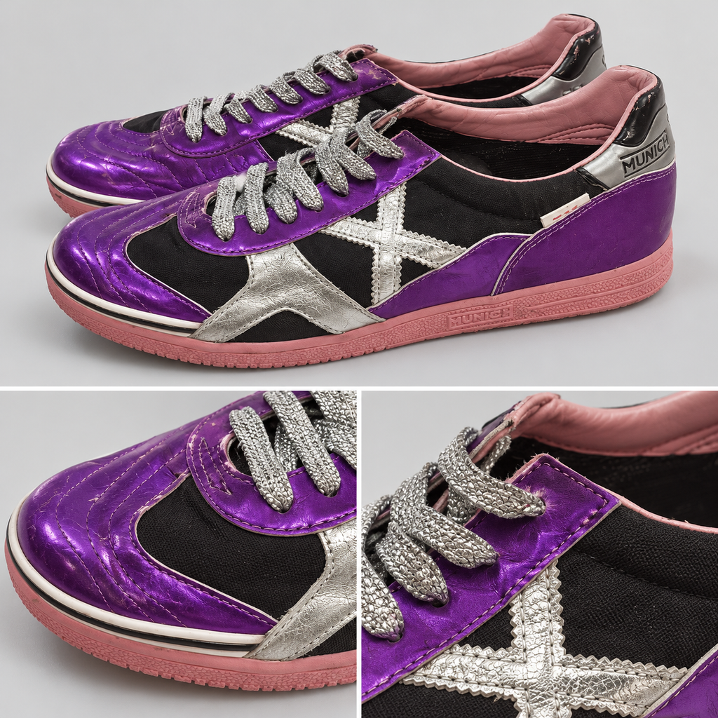 Zapatillas Munich moradas y negras con X plateada y suela rosa · Talla 45 - detalle de diseño y estado