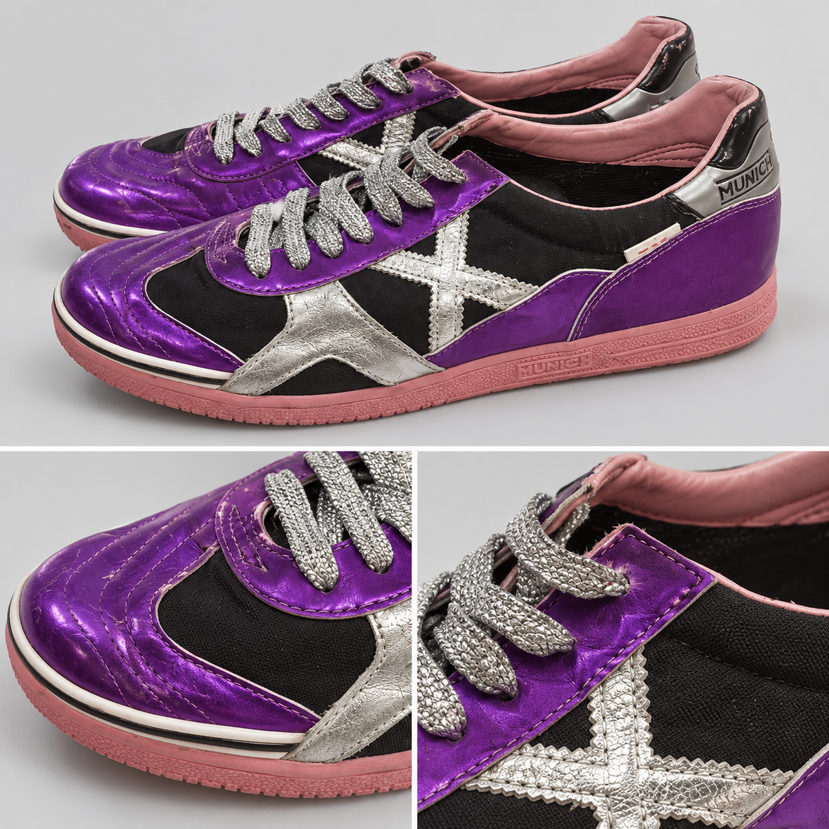 Zapatillas Munich moradas y negras con X plateada y suela rosa · Talla 45 - detalle de diseño y estado