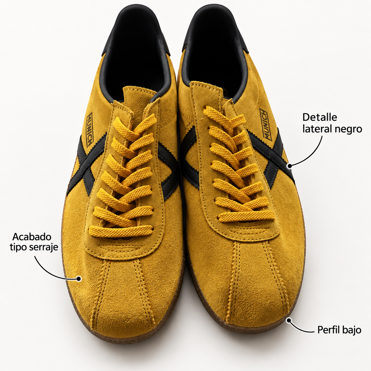 Características de las zapatillas Munich mostaza y negras