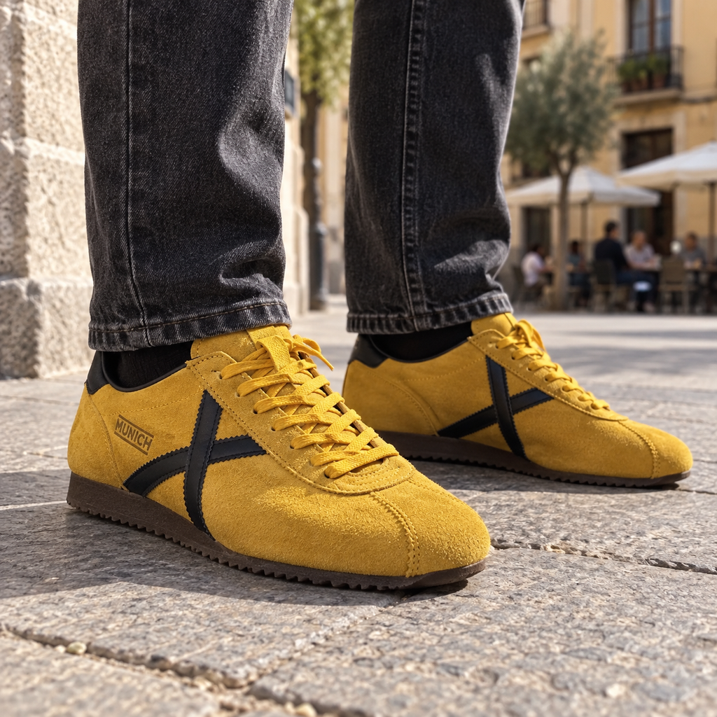 Zapatillas Munich mostaza y negras en ambiente urbano
