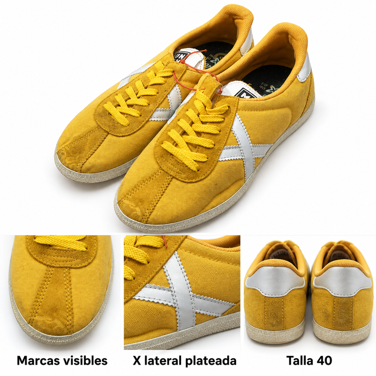 Características del par Munich mostaza talla 40 con X plateada y marcas visibles