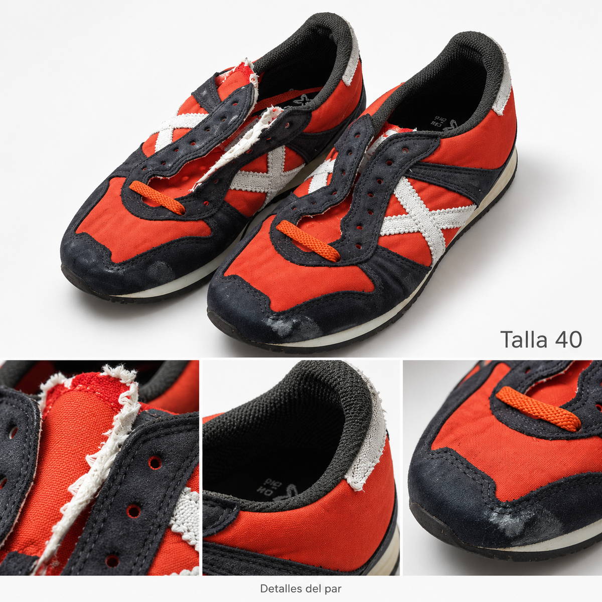 Zapatillas Munich naranjas y marino con X blanca · Talla 40 — detalles y estado visible del par