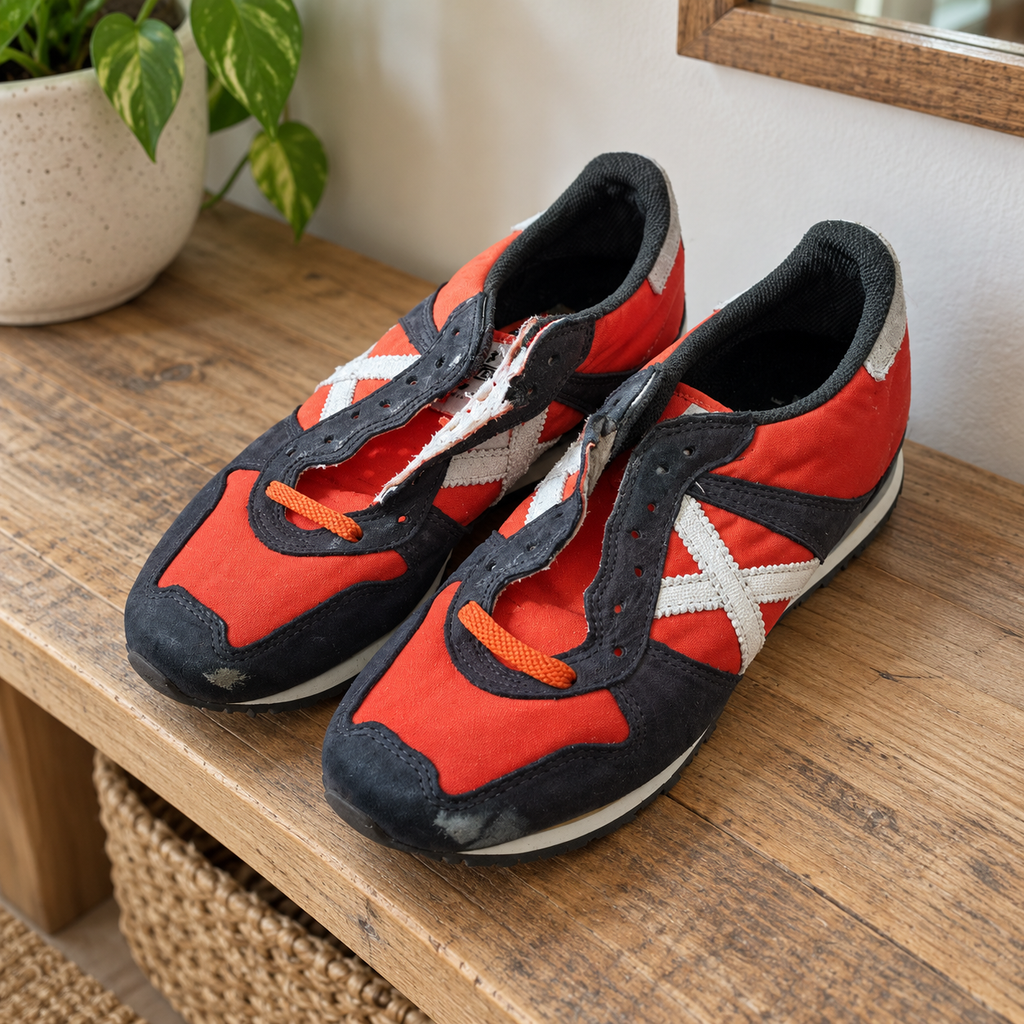 Zapatillas Munich naranjas y marino con X blanca · Talla 40 — escena cotidiana