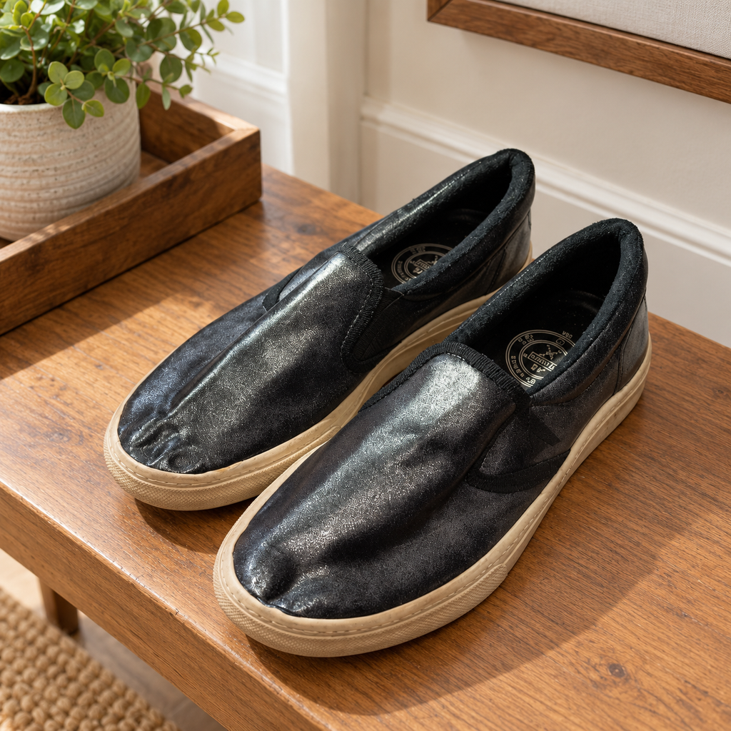 Zapatillas Munich negras de brillo sin cordones · Talla 40 — escena cotidiana