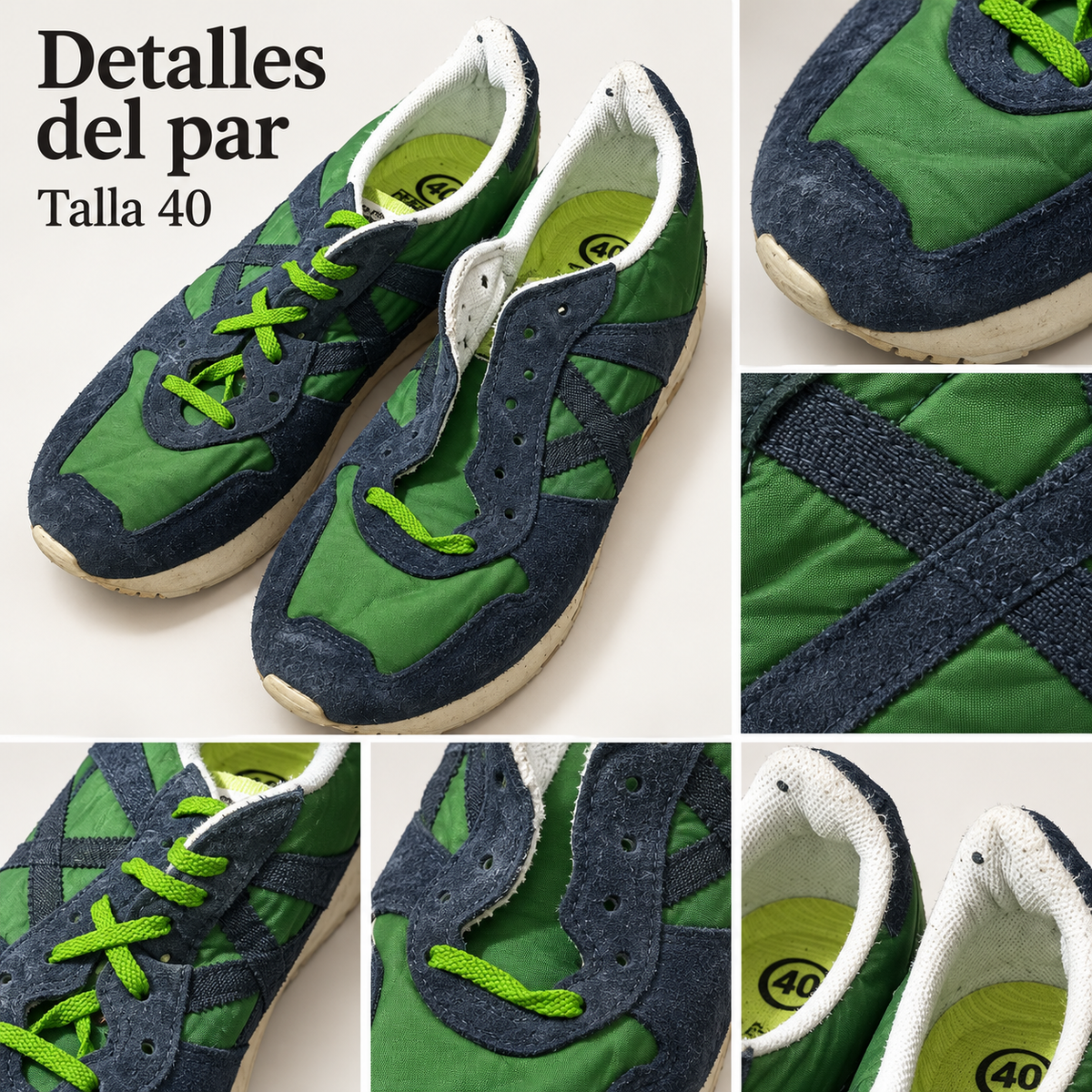 Zapatillas Munich verdes y marino con cuello blanco · Talla 40 — detalles y estado visible del par