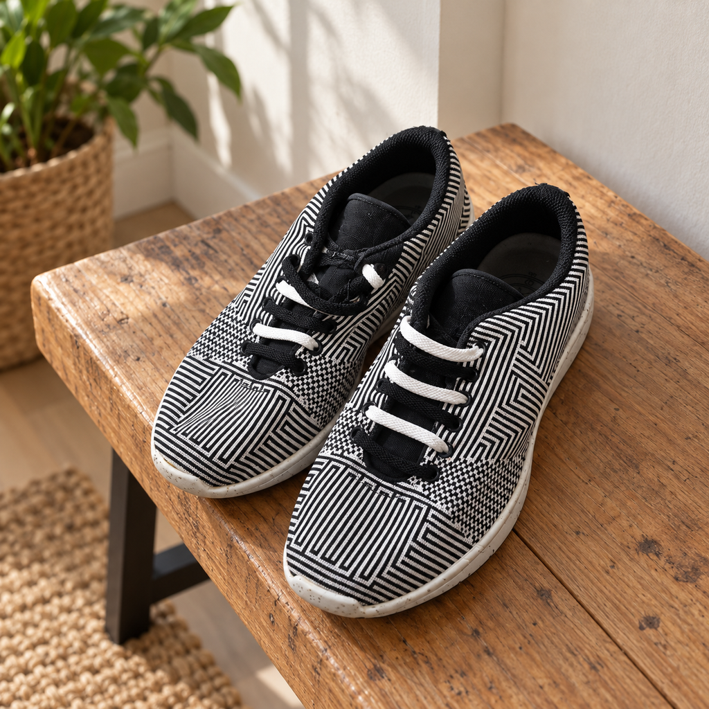 Zapatillas Munich de dibujo geométrico blanco y negro · Talla 40 — escena cotidiana