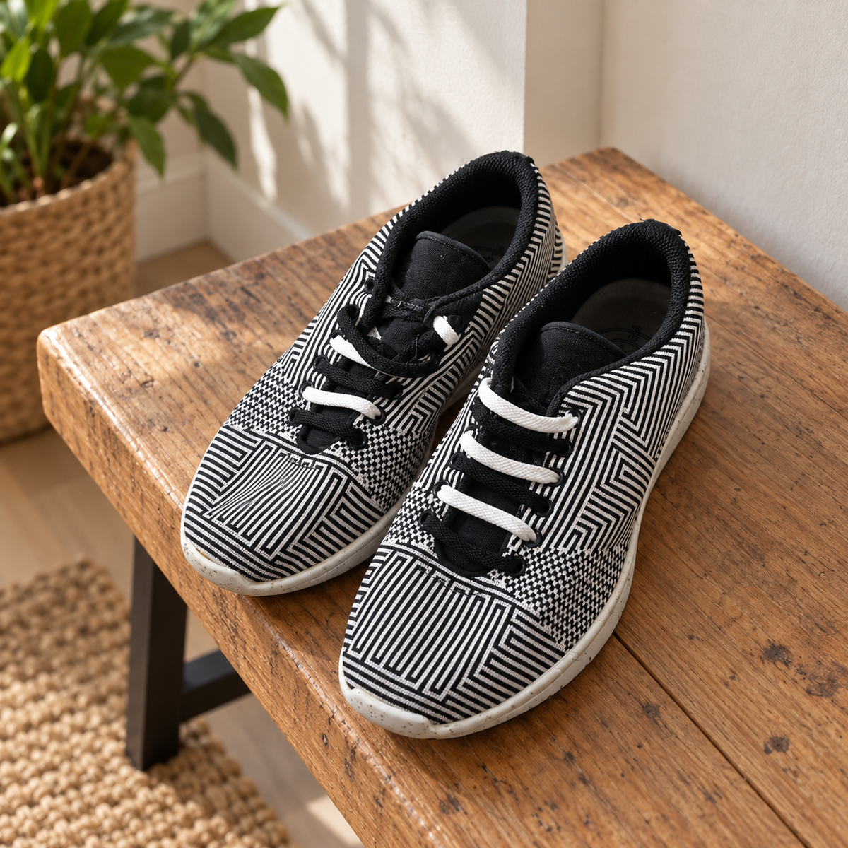 Zapatillas Munich de dibujo geométrico blanco y negro · Talla 40 — escena cotidiana