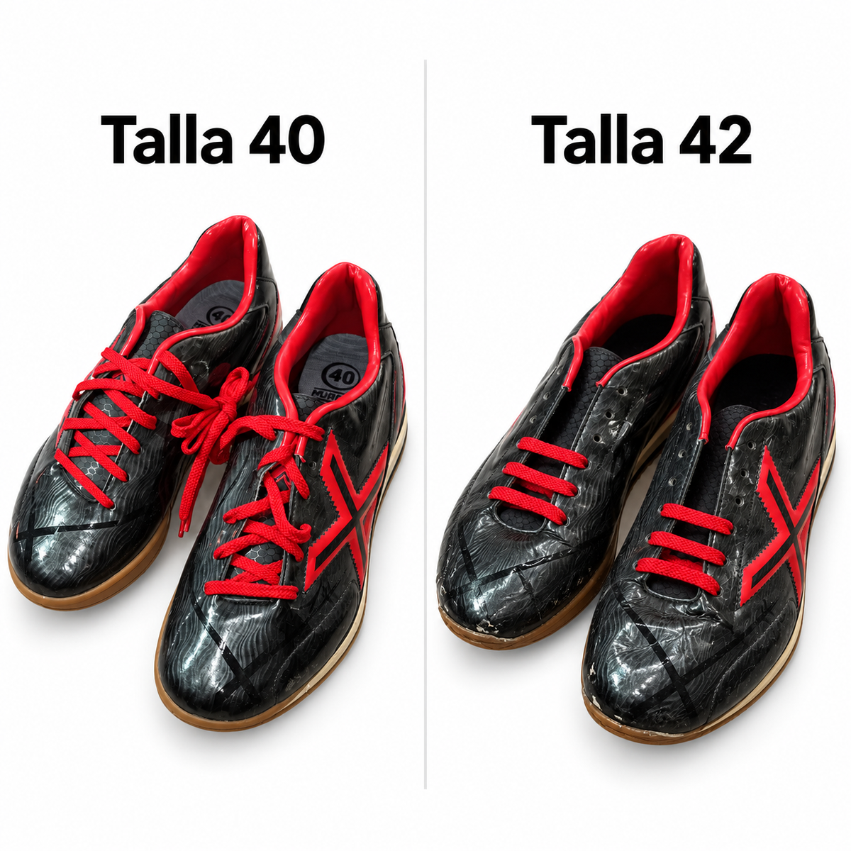 Munich Flow negras y rojas: talla 40 con cordones completos y talla 42 con cordones parciales — portada blanca