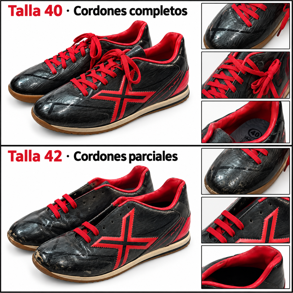 Munich Flow negras y rojas: talla 40 con cordones completos y talla 42 con cordones parciales — detalles y estado por talla