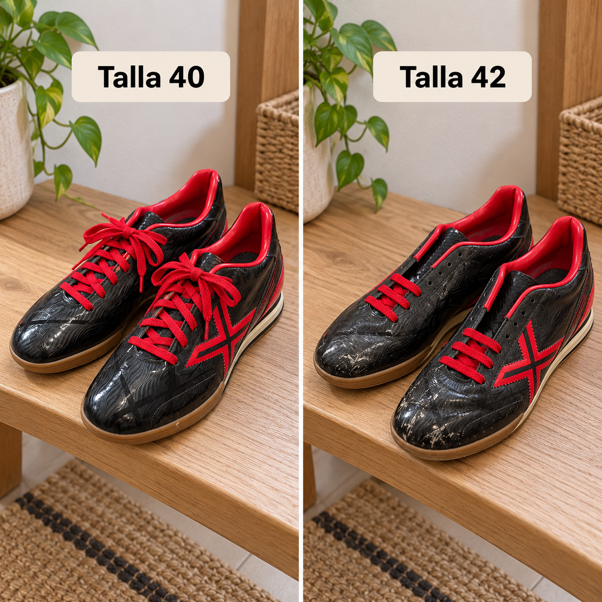 Munich Flow negras y rojas: talla 40 con cordones completos y talla 42 con cordones parciales — escena cotidiana