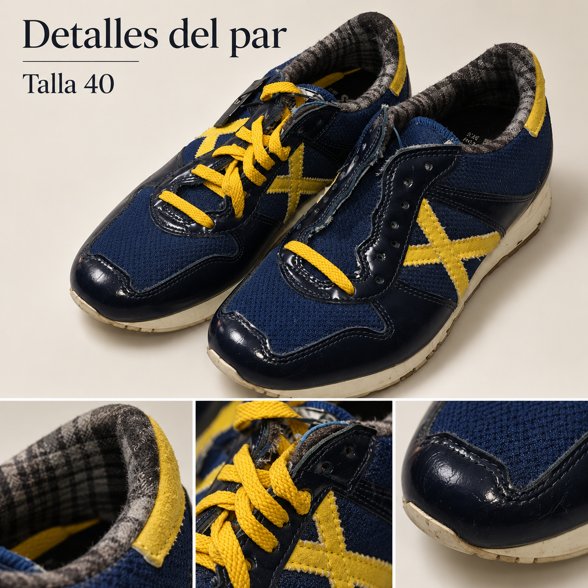 Munich marino con X amarilla, cuello de cuadros y cordones parciales talla 40 — detalles del par