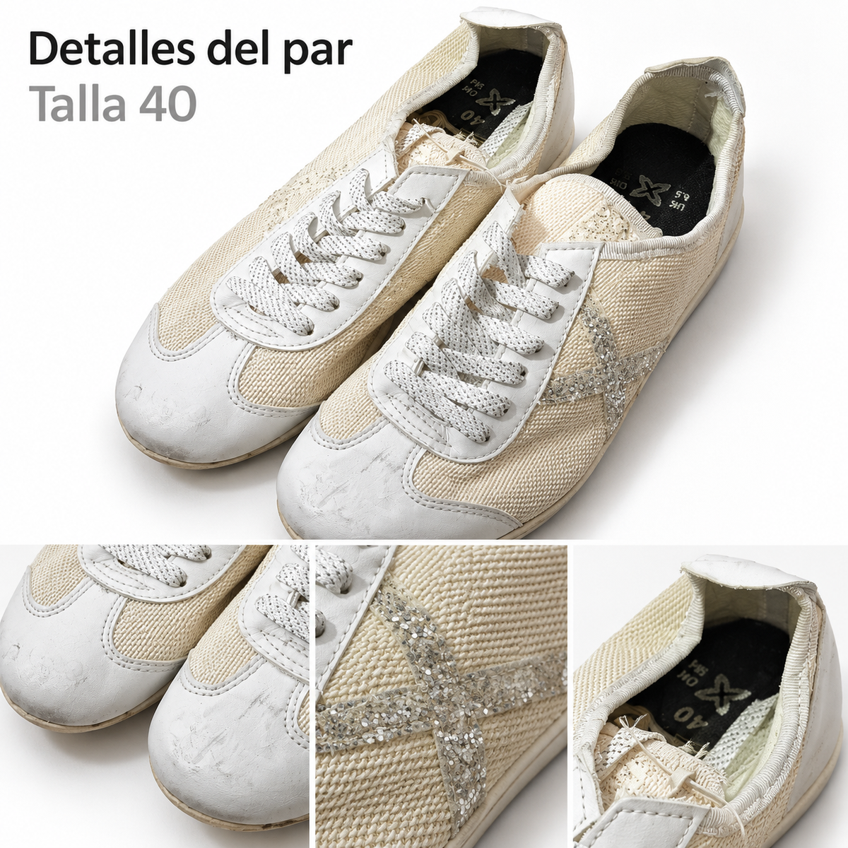Zapatillas Munich crema y blancas con X de brillo · Talla 40 — detalles y marcas visibles