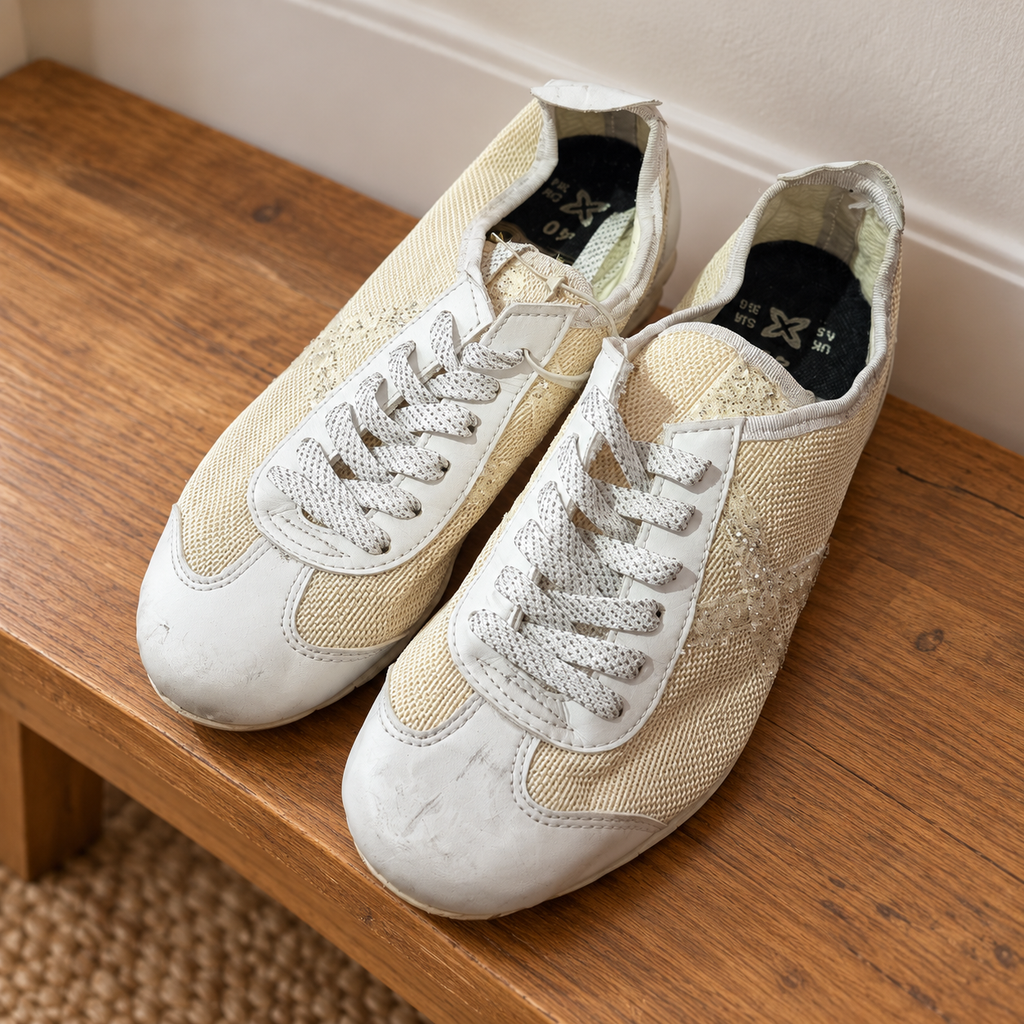 Zapatillas Munich crema y blancas con X de brillo · Talla 40 — escena cotidiana