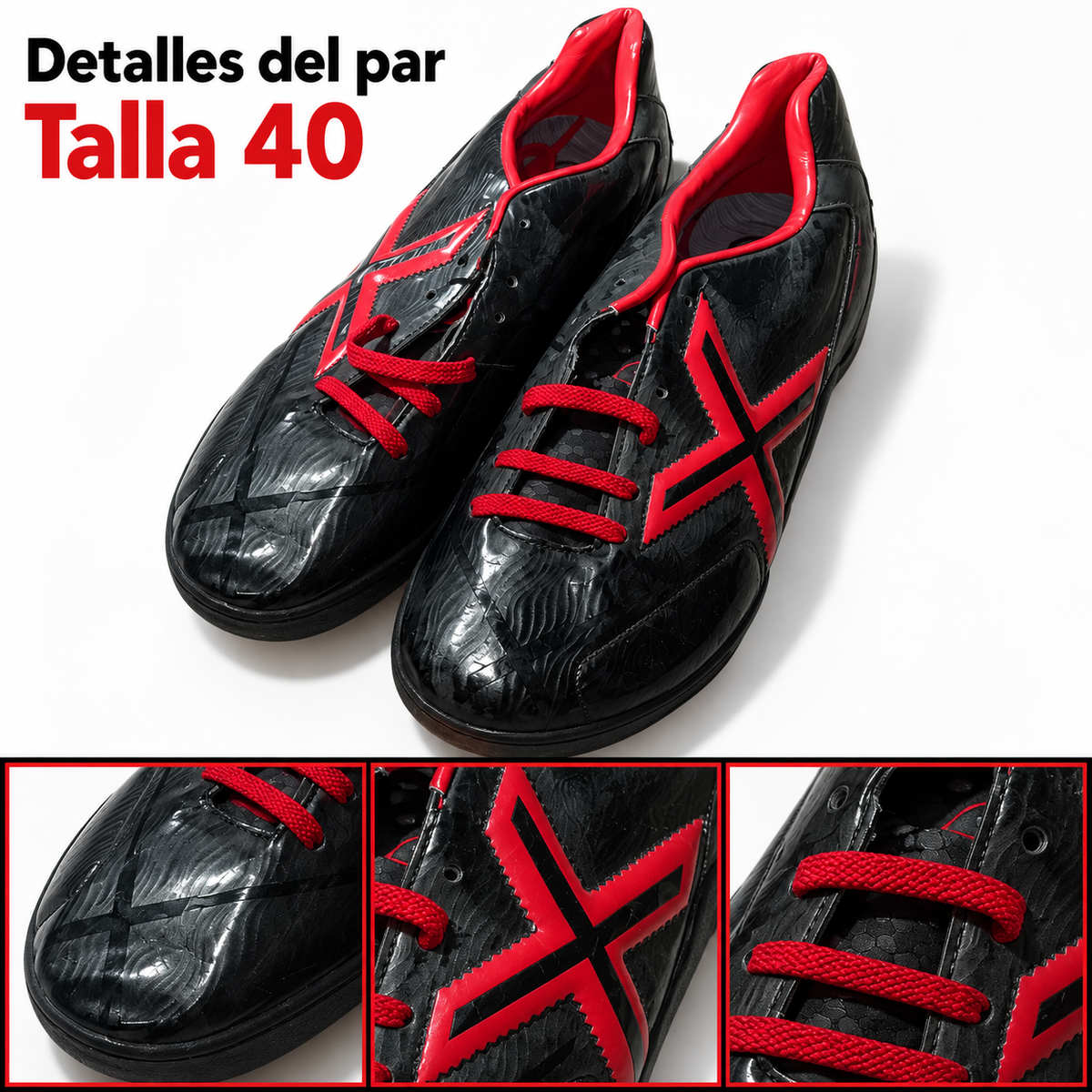 Zapatillas Munich negras con X roja y borde oscuro · Talla 40 — detalles del par