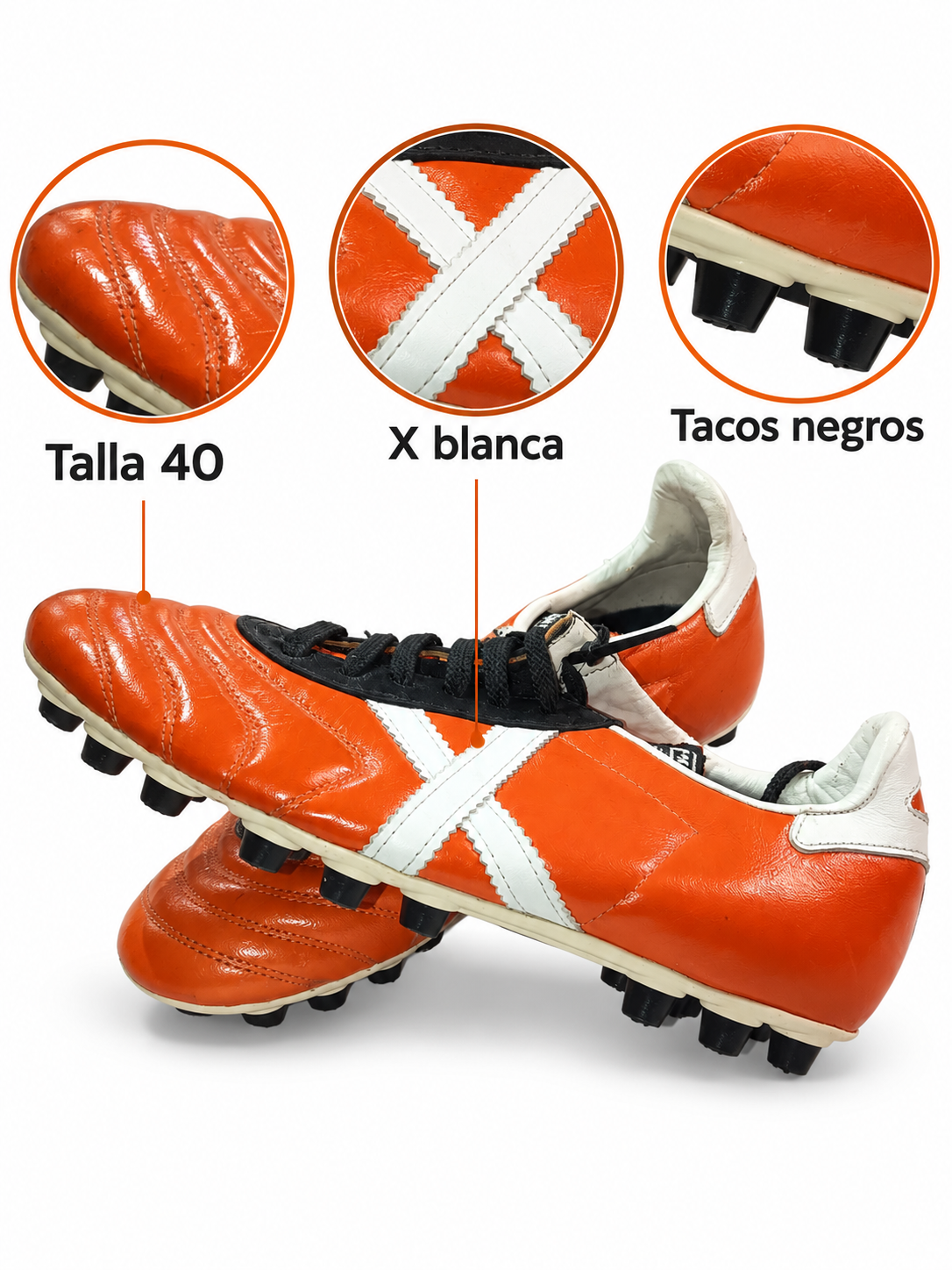 Detalles visibles X blanca y tacos negros botas Munich naranjas talla40