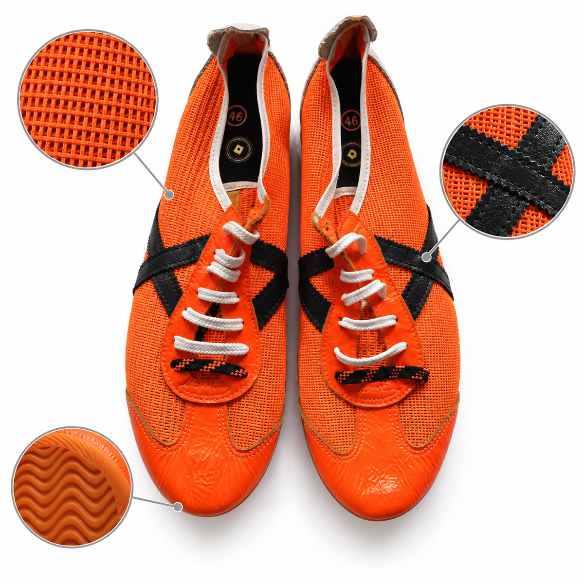 Características visuales de las zapatillas Munich naranjas de malla con detalles negros