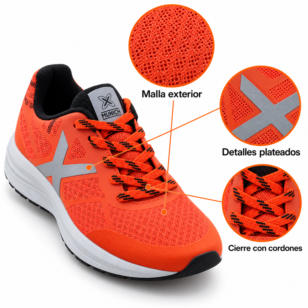 Características de las zapatillas Munich naranjas de malla y detalles plateados