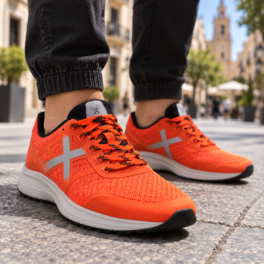 Zapatillas Munich naranjas de malla y detalles plateados en escena lifestyle