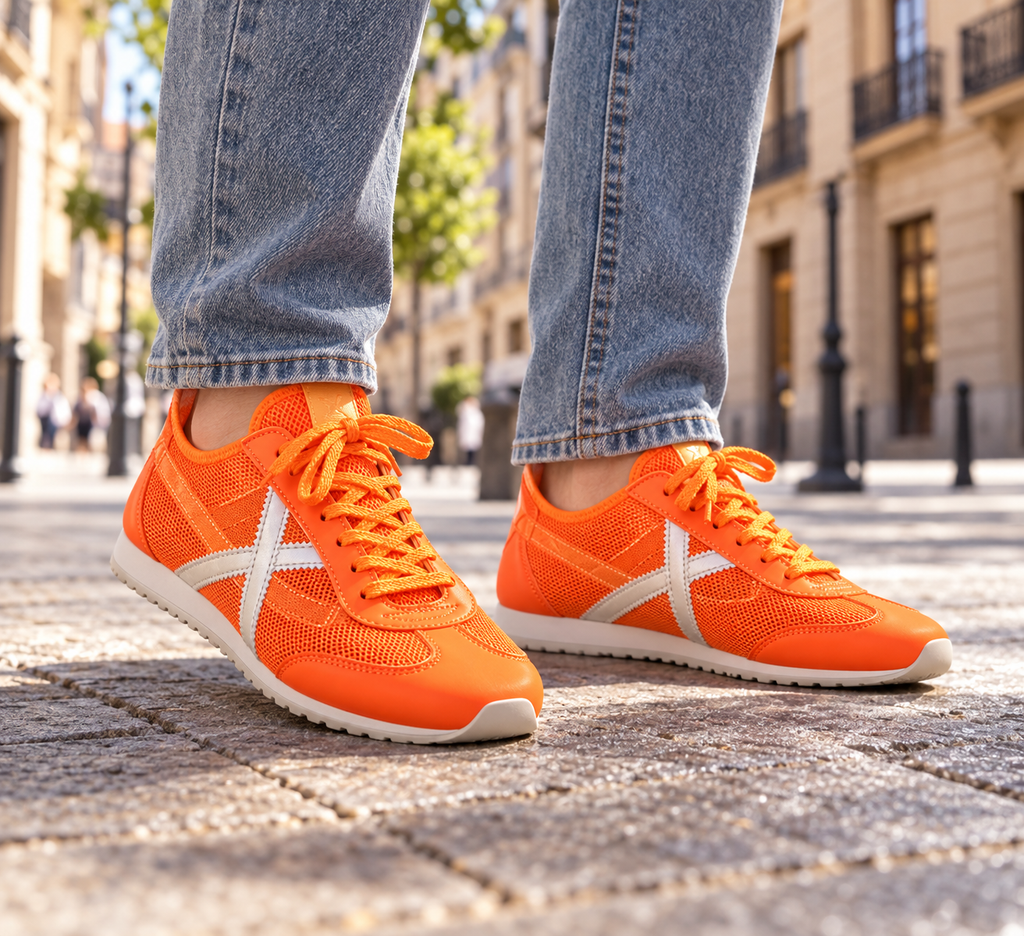Zapatillas Munich naranjas con detalles plateados en escena lifestyle