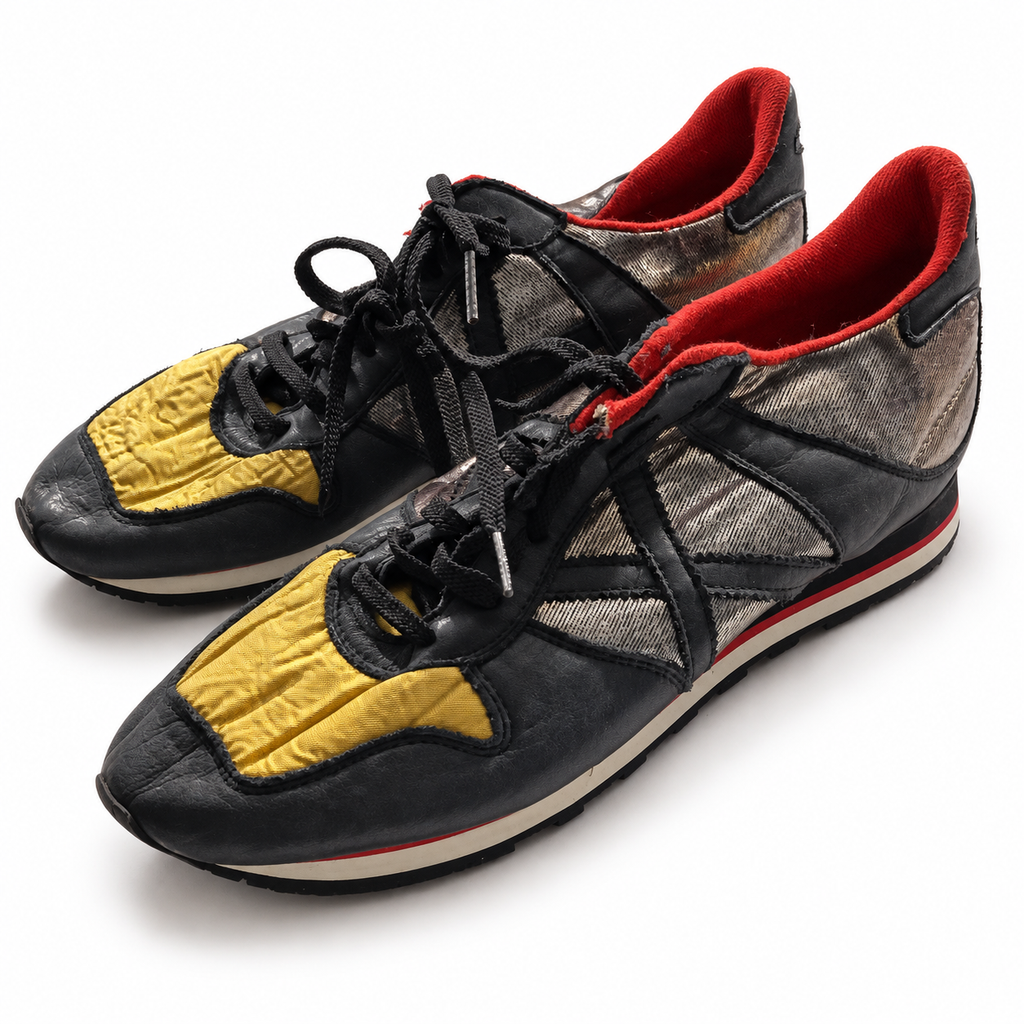 Zapatillas Munich negras y plateadas con puntera amarilla sobre fondo blanco