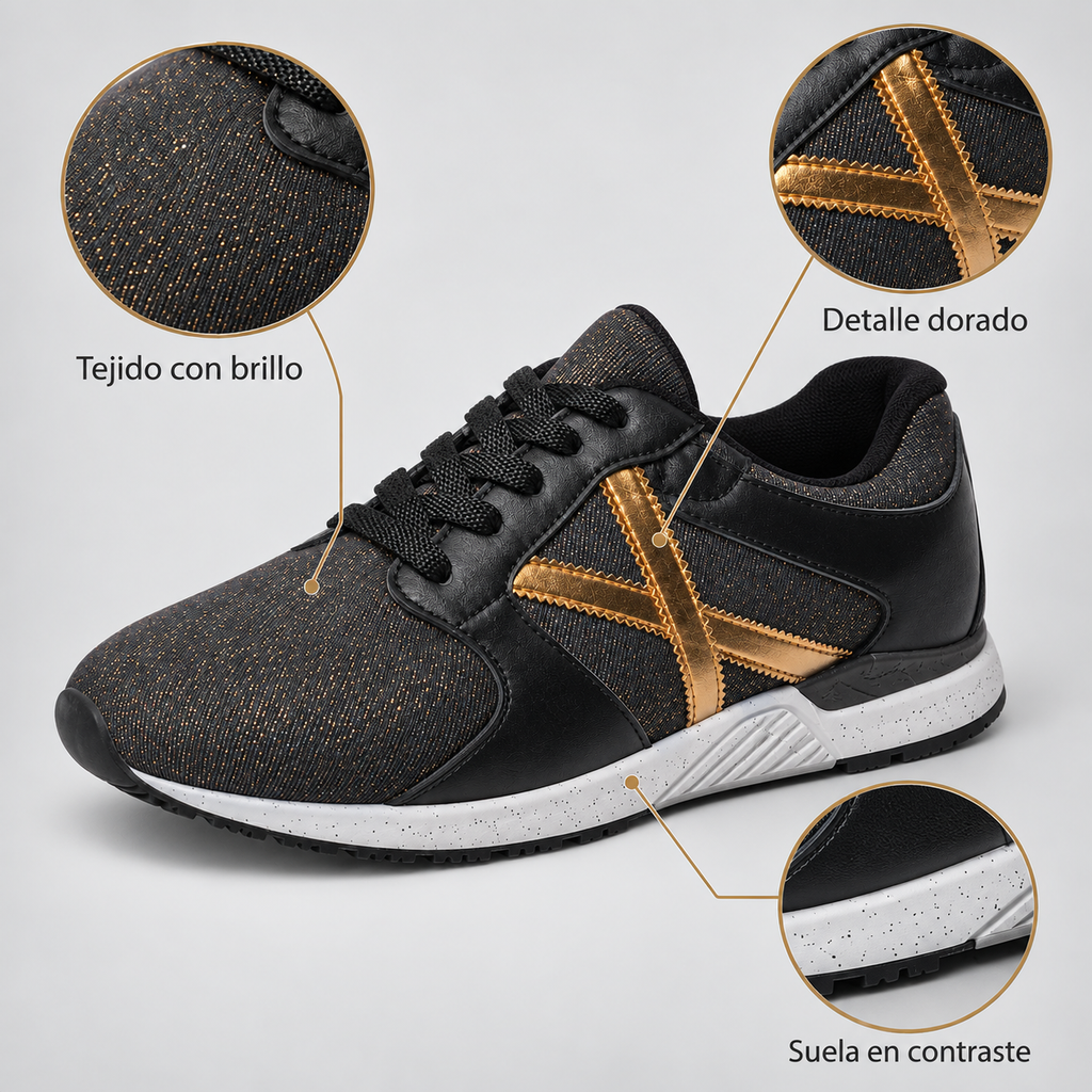 Detalles de las zapatillas Munich negras con brillo y motivo dorado