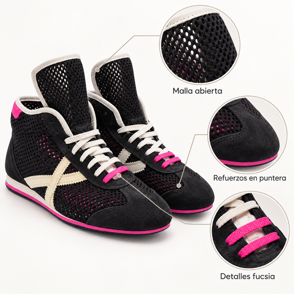 Características visibles de las zapatillas Munich negras de malla con detalles fucsia