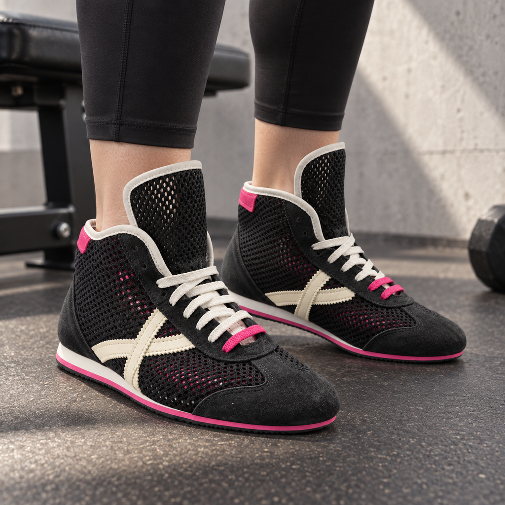 Zapatillas Munich negras de malla con detalles fucsia en ambiente lifestyle
