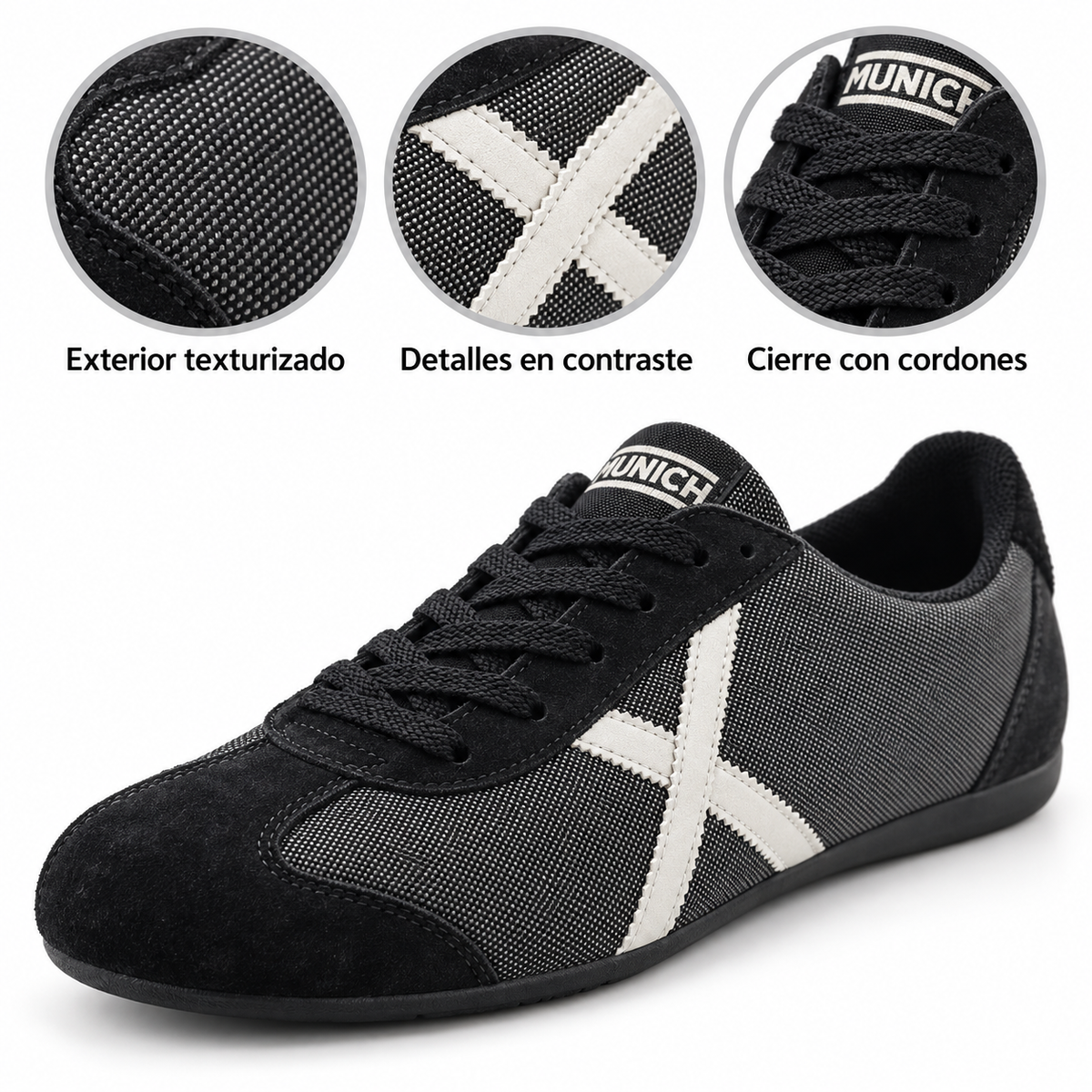 Características de las zapatillas Munich negras y grises con detalles blancos