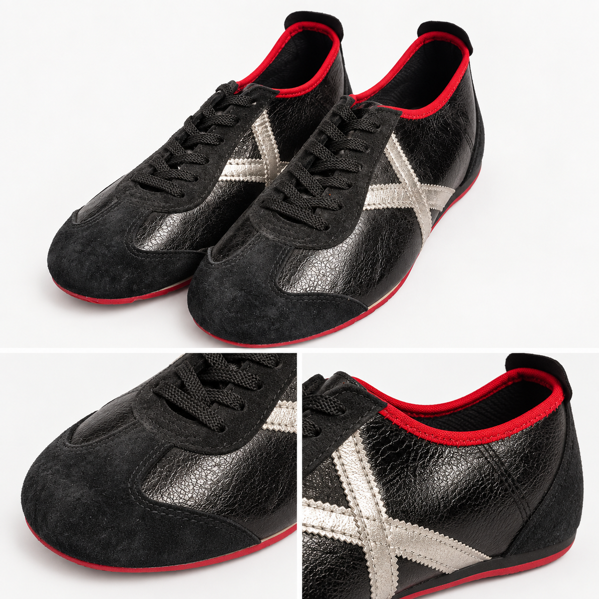 Detalles de zapatillas Munich negras plateadas y rojas