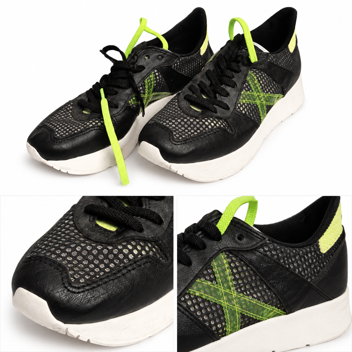 Detalles de zapatillas Munich negras de malla y verde lima