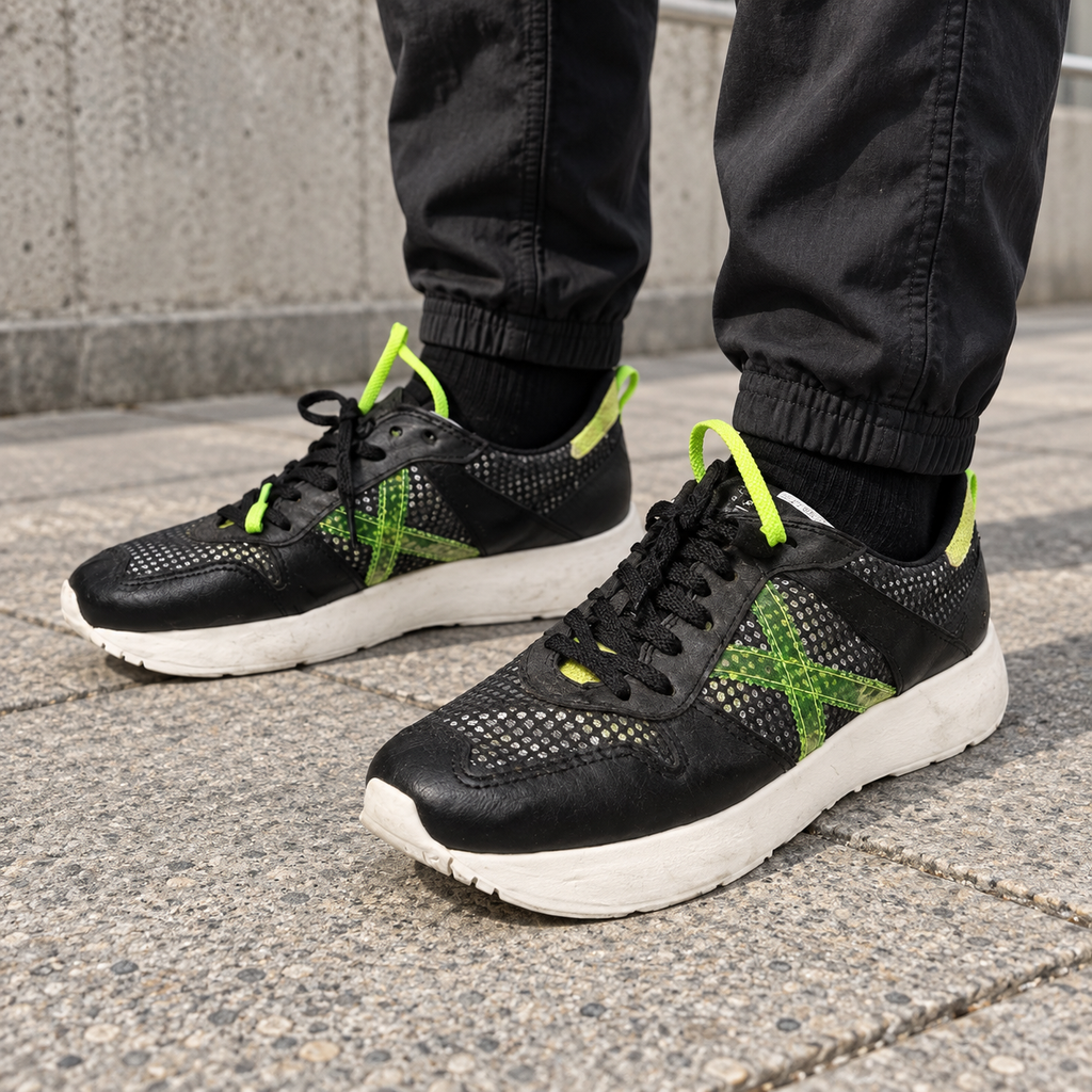 Zapatillas Munich negras y verde lima en un look urbano