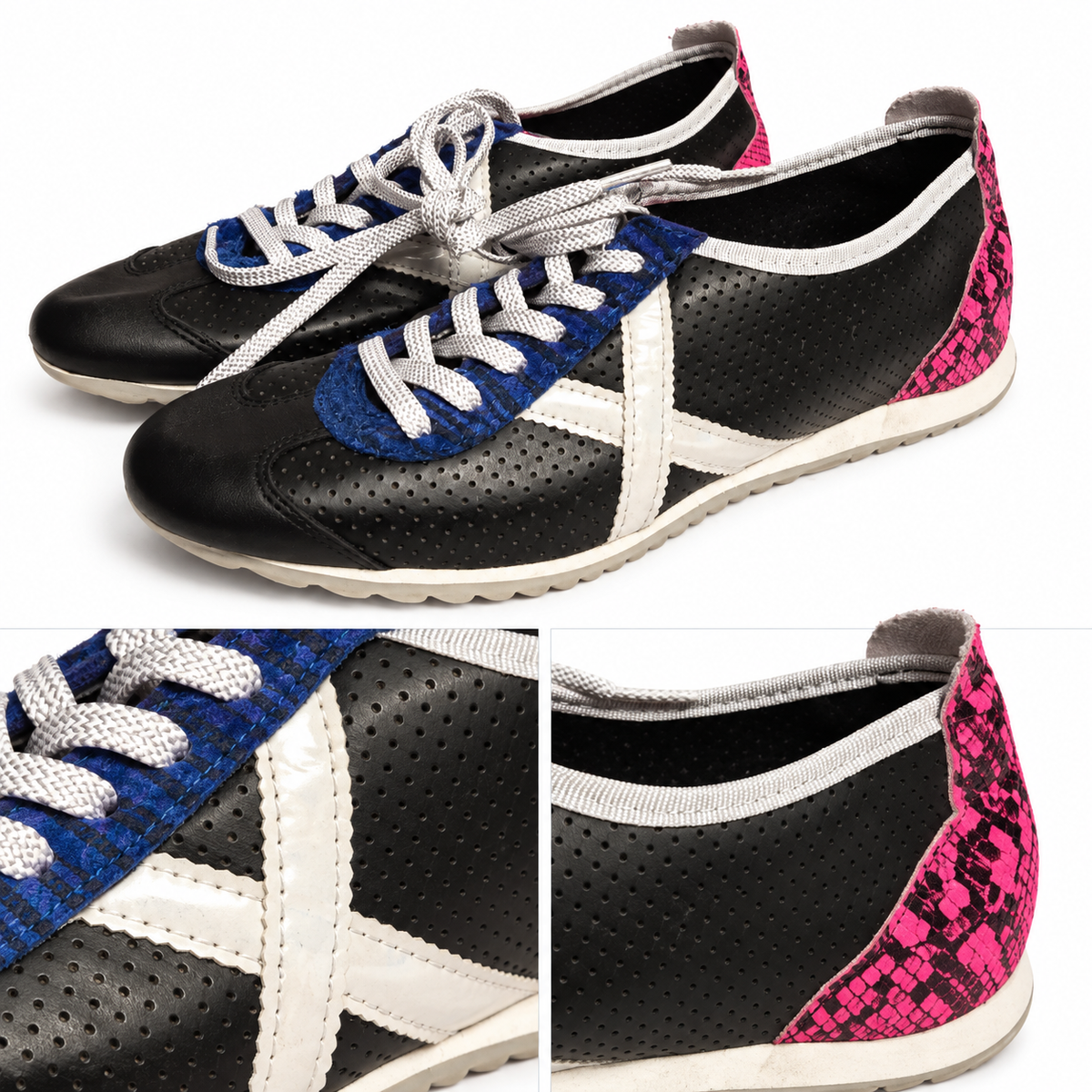 Zapatillas Munich Negras con X Blanca y Talón Rosa Unisex - características